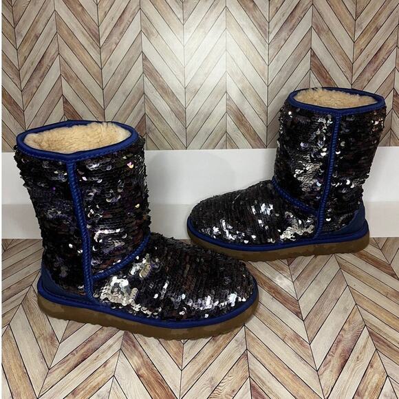 UGG Classic Short Sequin Winter Boots with Plush Wool Lining Blue Women's Size 7 - Picture 2 of 13